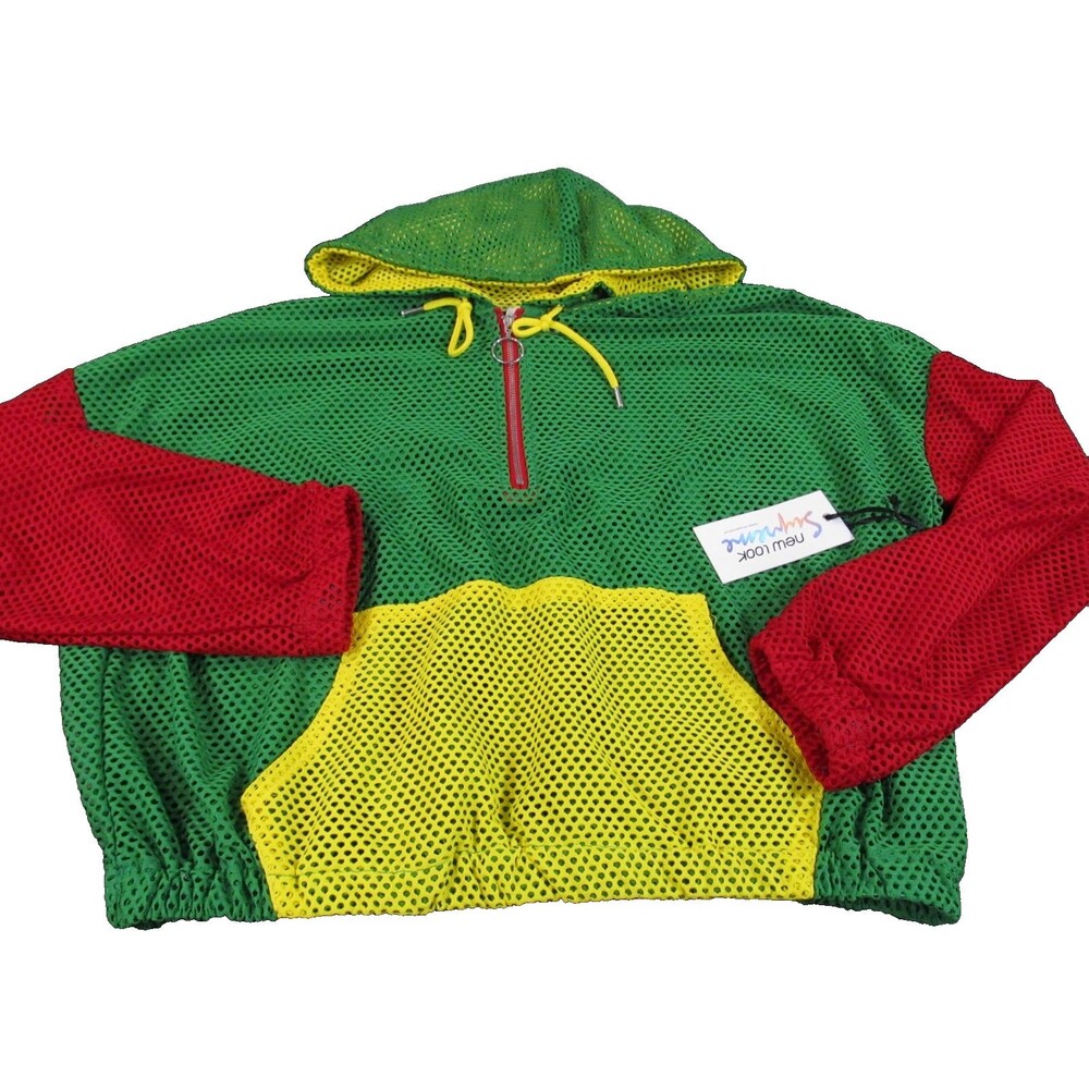 New Look Mesh Hoodie Jamaica Colors NWT Green Red Yellow Drawstring Pullover